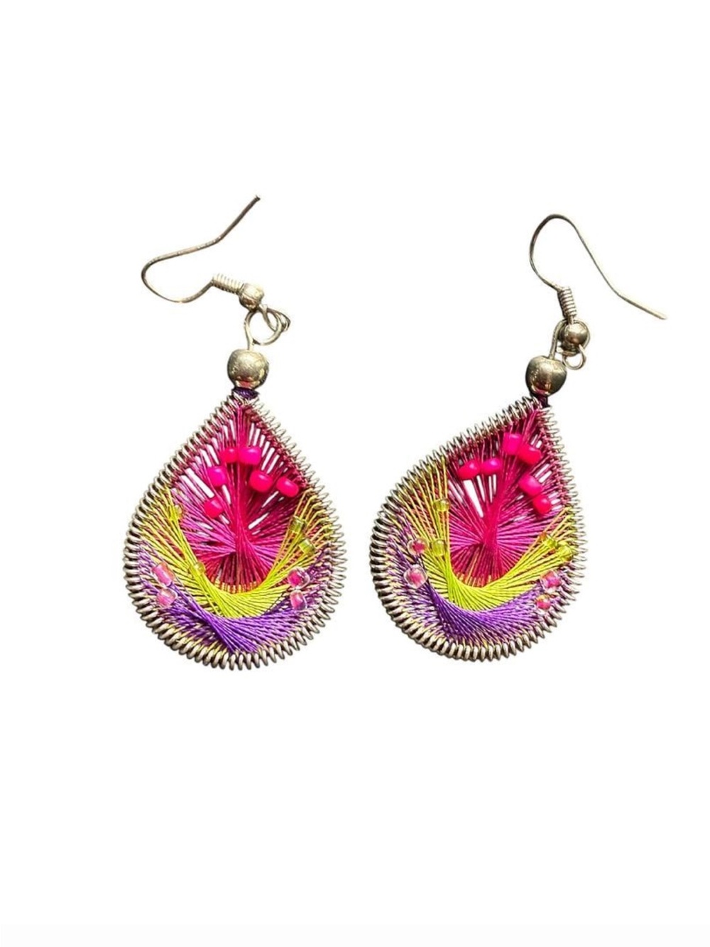 Teardrop Peruvian Thread Beaded Colorful Vintage Earrings
